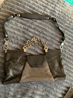 BCBGMaxAzria Black Soft Leather Shoulder Bag with Heavy Chain Detail